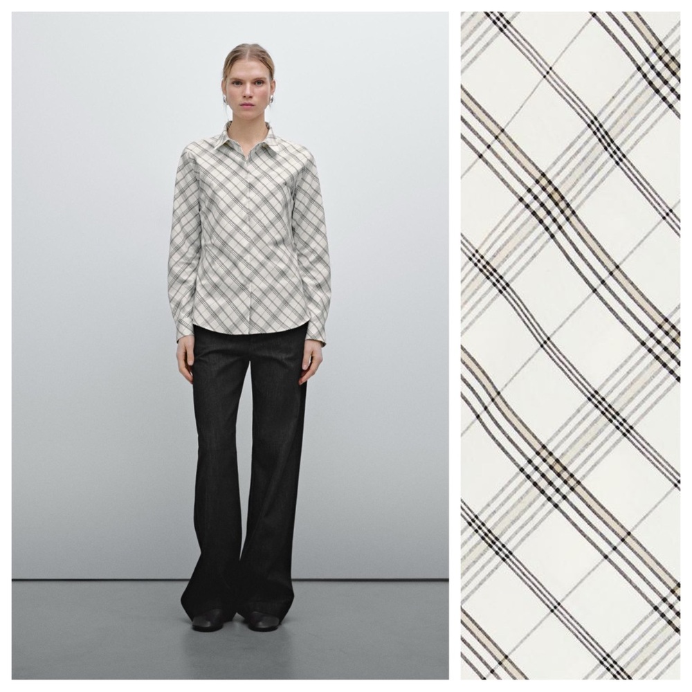 Massimo Dutti Cream Cotton Blend Bias-Cut Check Shirt. Size L.